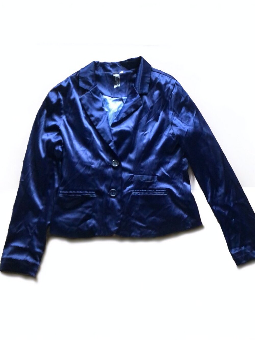 Miss Ashley Navy Midnight Blue Satin Cropped Blazer Jacket – Size Small